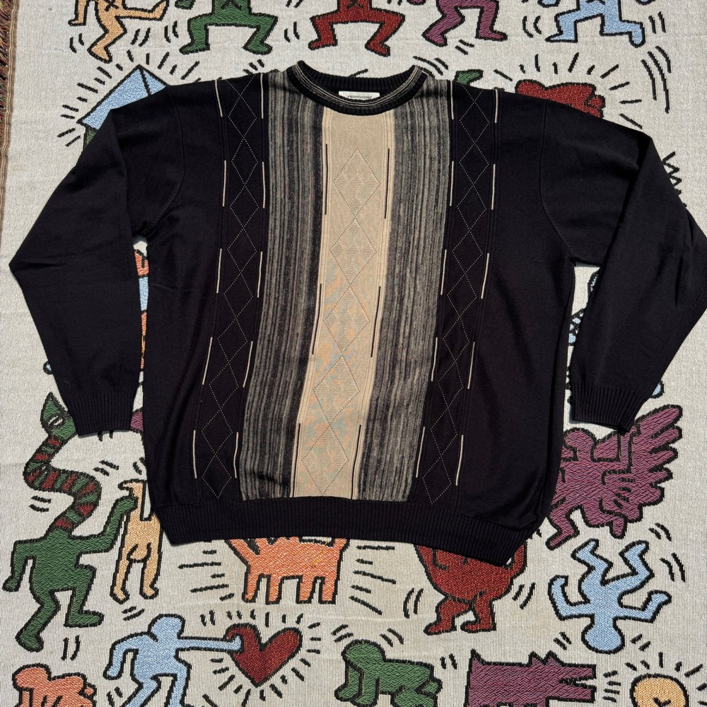 Pronto Uomo Black and Beige Vintage Knit Patterned Sweater Size 2XLT